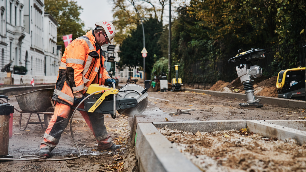 Cut-off saw in use on a construction site